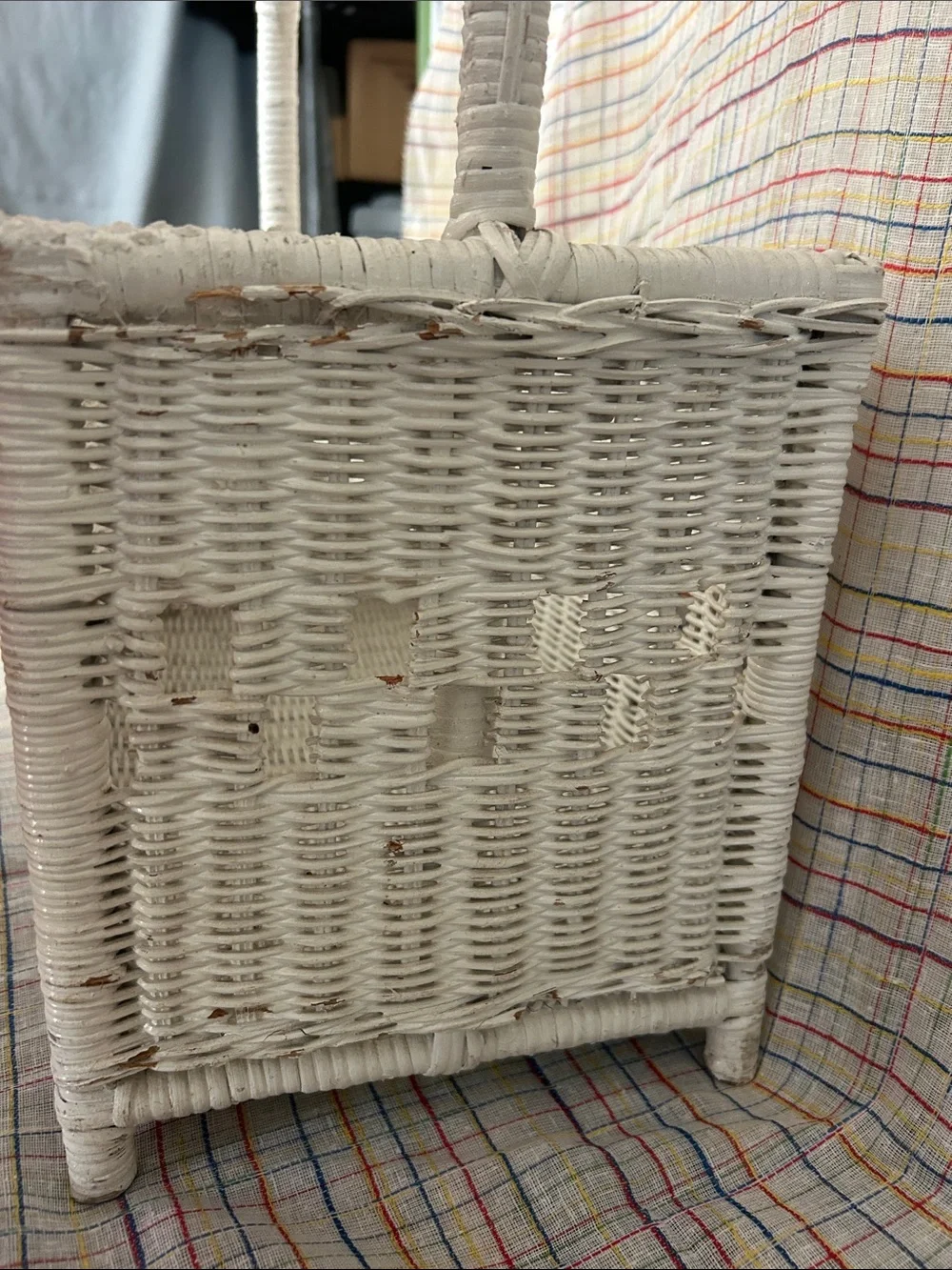 Vintage White Wicker Storage Basket with Handle